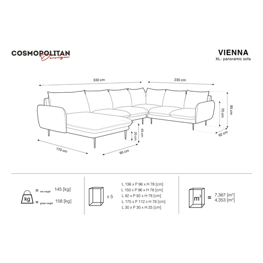 Velvet Panoramic Right Corner Sofa, "Vienna", 7 Seats, 330x235x95 Made in Europe