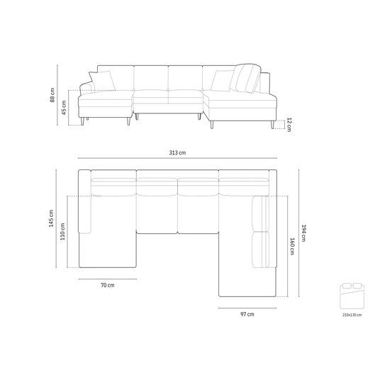 Velvet Panoramic Right Corner Sofa With Bed Function And Box, "Kyoto", 7 Seats, 313x194x88 Made in Europe