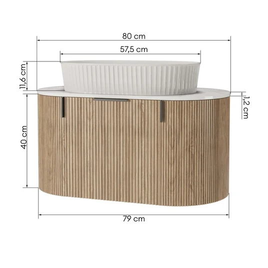 Komplektas La simplicite, spintelė su stalviršiu ir praustuvu, 80 cm, grotelinis, suapvalintas, Glit White / ąžuolo