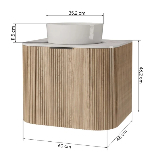 Komplektas Matinale, spintelė su stalviršiu ir praustuvu, 60 cm, grotelinis, suapvalintas, Glit White / akacijos