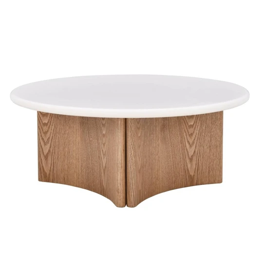 Kavos staliukas Marlo, 80 cm, mikrocementas, kreminės baltos / ąžuolo spalvos