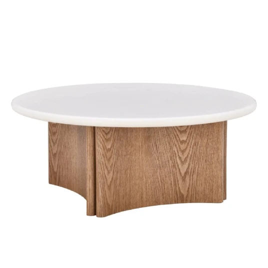 Kavos staliukas Marlo, 80 cm, mikrocementas, kreminės baltos / ąžuolo spalvos