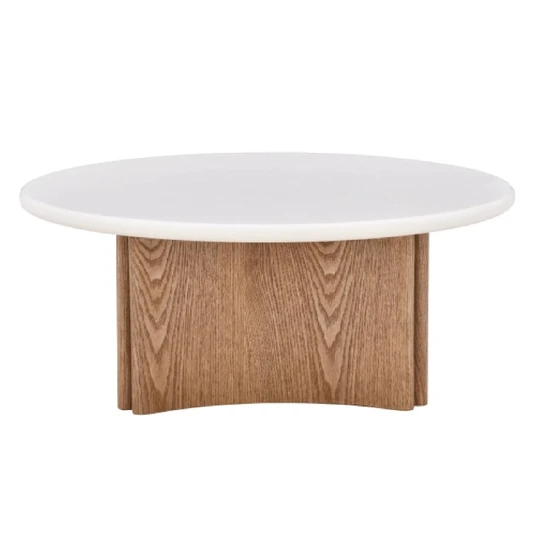 Kavos staliukas Marlo, 80 cm, mikrocementas, kreminės baltos / ąžuolo spalvos