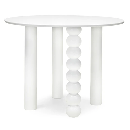 Stalas Bolla, apvalus, 100 cm, dekoratyvinė kojelė su rutuliais, bukmedžio fanera / baltos spalvos