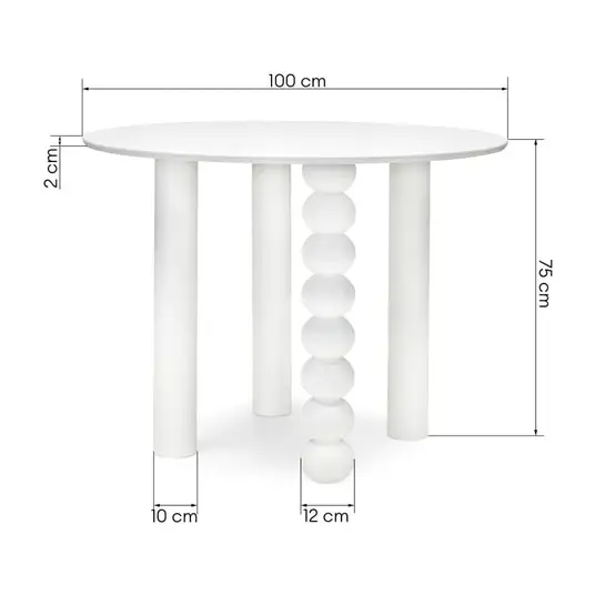 Stalas Bolla, apvalus, 100 cm, dekoratyvinė kojelė su rutuliais, bukmedžio fanera / baltos spalvos