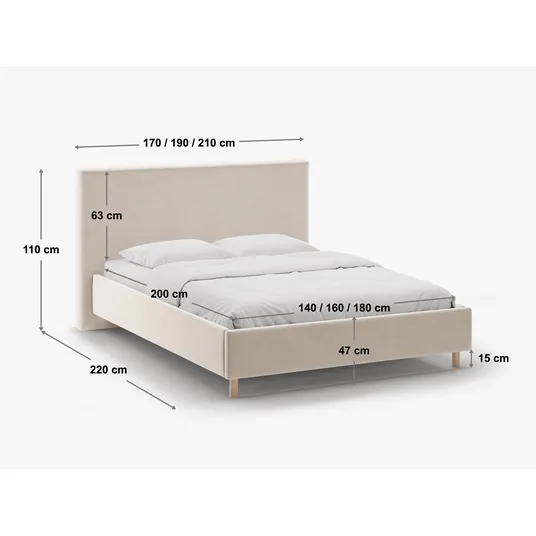 Velvet Storage Bed with Headboard, "Eloise", 170x220x110 Made in Europe