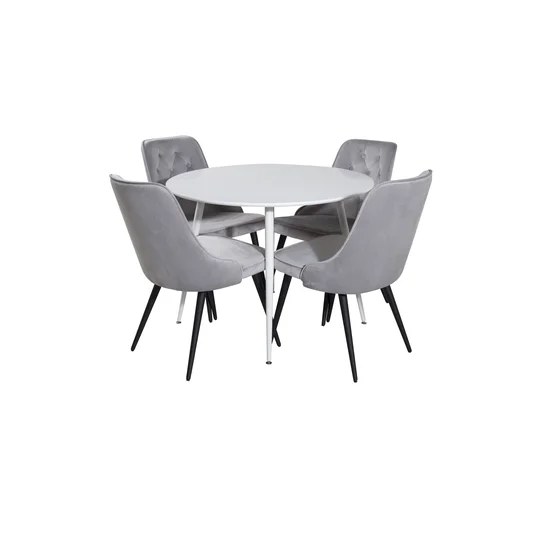 Plaza Round Table 100 cm - White top / White Legs+Velvet Deluxe Dining Chair - Light Grey / Black_4