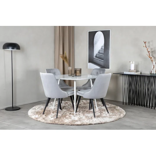 Plaza Round Table 100 cm - White top / White Legs+Velvet Deluxe Dining Chair - Light Grey / Black_4