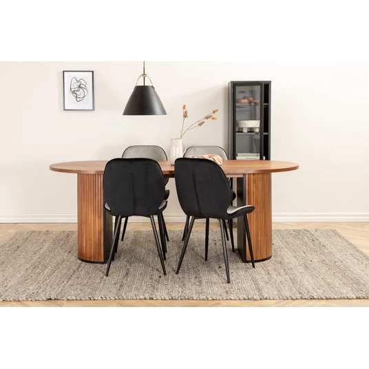 Bianca Oval Dining Table , Walnut Black Veneer+Emma Chair , Black Black and Light Grey Black Velvet in Back Grey Velvet in front_4