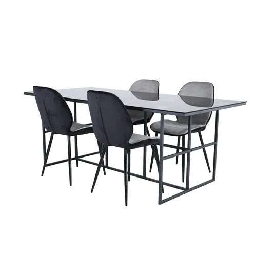 Leif Dining Table - Black / Black smoked smoked Glass+Emma Chair - Black / Black and Light Grey Black Velvet in Back Grey Velvet in front_4