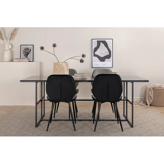 Leif Dining Table - Black / Black smoked smoked Glass+Emma Chair - Black / Black and Light Grey Black Velvet in Back Grey Velvet in front_4