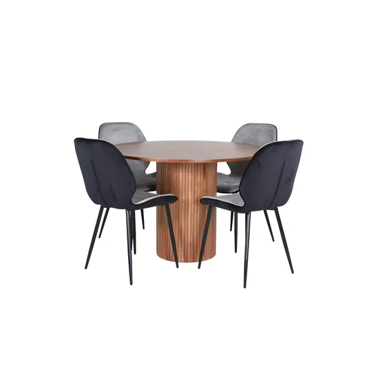 Bianca Round Dining Table - Walnut / Black Veneer+Emma Chair - Black / Black and Light Grey Black Velvet in Back Grey Velvet in front_4
