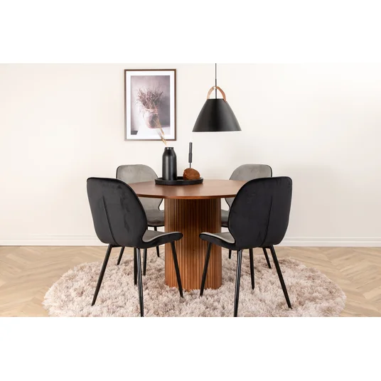 Bianca Round Dining Table - Walnut / Black Veneer+Emma Chair - Black / Black and Light Grey Black Velvet in Back Grey Velvet in front_4