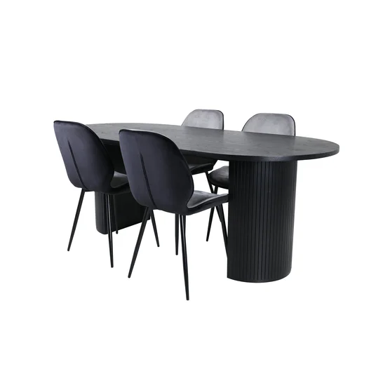 Bianca Oval Dining Table - Black / Black Veneer+Emma Chair - Black / Black and Light Grey Black Velvet in Back Grey Velvet in front_4