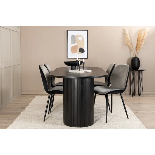Bianca Oval Dining Table - Black / Black Veneer+Emma Chair - Black / Black and Light Grey Black Velvet in Back Grey Velvet in front_4