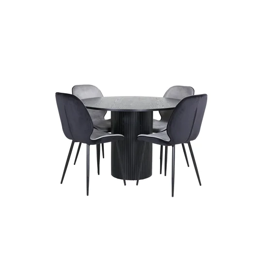 Bianca Round Dining Table - Black / Black Veneer+Emma Chair - Black / Black and Light Grey Black Velvet in Back Grey Velvet in front_4