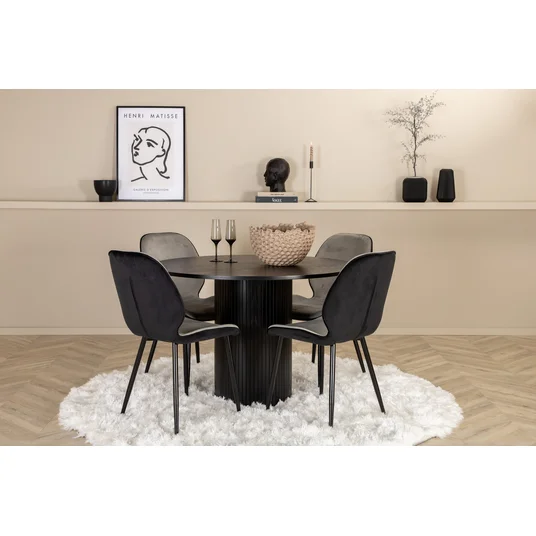 Bianca Round Dining Table - Black / Black Veneer+Emma Chair - Black / Black and Light Grey Black Velvet in Back Grey Velvet in front_4
