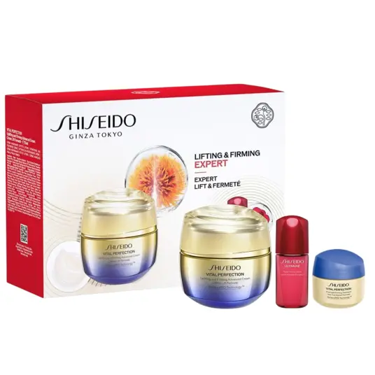 Veido priežiūros rinkinys Shiseido: Vital Perfection Uplifting & Firming veido kremas 50 ml + Vital Perfection Firming naktinis veido kremas 15 ml + Ultimune Power Infusing veido serumas 10 ml