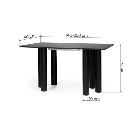 Išskleidžiamas stalas Loa, 140–200 cm, suapvalinti kraštai, ąžuolo fanera / bukmedžio mediena, juodos spalvos