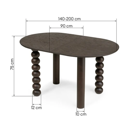 Išskleidžiamas stalas Bolla, ovalus stalviršis, 140–200 cm, dekoratyvinė kojų konstrukcija su rutuliais, ąžuolo fanera / riešutmedžio spalvos