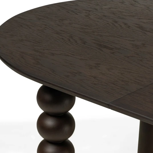 Išskleidžiamas stalas Bolla, ovalus stalviršis, 140–200 cm, dekoratyvinė kojų konstrukcija su rutuliais, ąžuolo fanera / riešutmedžio spalvos
