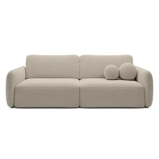 Šviesiai smėlio spalvos „Botse“ išskleidžiama sofa su daiktų laikymo dėže, apvalūs kontūrai, bouclé audinys