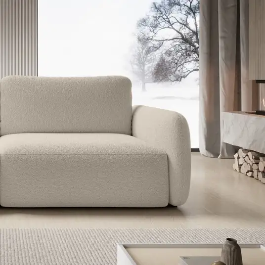 Šviesiai smėlio spalvos „Botse“ išskleidžiama sofa su daiktų laikymo dėže, apvalūs kontūrai, bouclé audinys