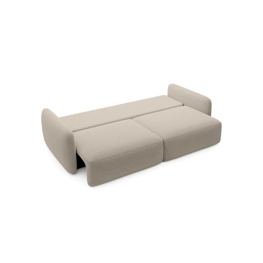 Šviesiai smėlio spalvos „Botse“ išskleidžiama sofa su daiktų laikymo dėže, apvalūs kontūrai, bouclé audinys