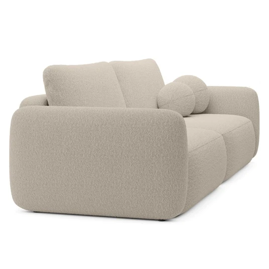 Šviesiai smėlio spalvos „Botse“ išskleidžiama sofa su daiktų laikymo dėže, apvalūs kontūrai, bouclé audinys