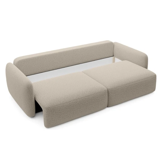 Šviesiai smėlio spalvos „Botse“ išskleidžiama sofa su daiktų laikymo dėže, apvalūs kontūrai, bouclé audinys