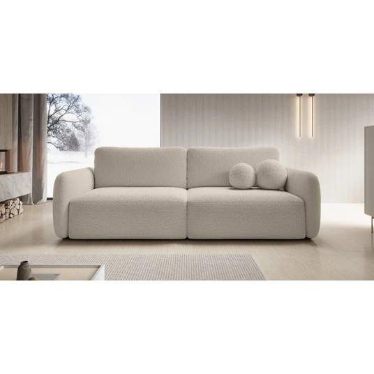 Šviesiai smėlio spalvos „Botse“ išskleidžiama sofa su daiktų laikymo dėže, apvalūs kontūrai, bouclé audinys