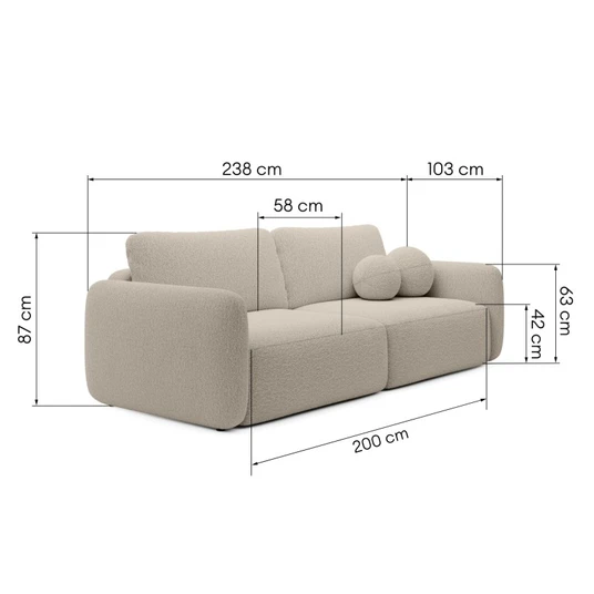 Šviesiai smėlio spalvos „Botse“ išskleidžiama sofa su daiktų laikymo dėže, apvalūs kontūrai, bouclé audinys