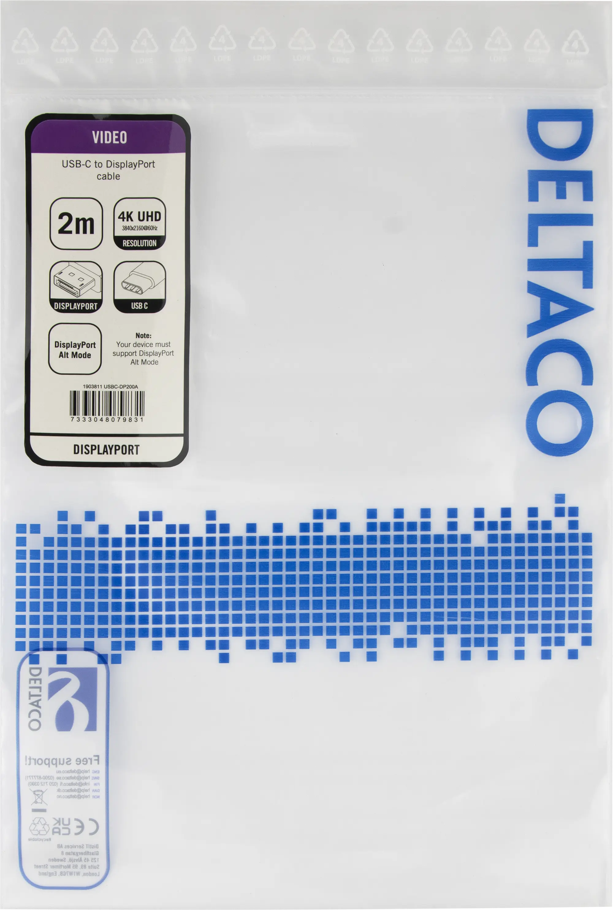 USB-C – DisplayPort kabelis DELTACO, 4K
